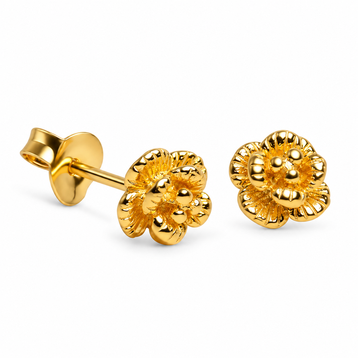 18K Yellow Gold Over Sterling Silver Blooming Flower Stud Earrings – 0.25 Inch Detailed Floral Earrings with Push-Back Closures