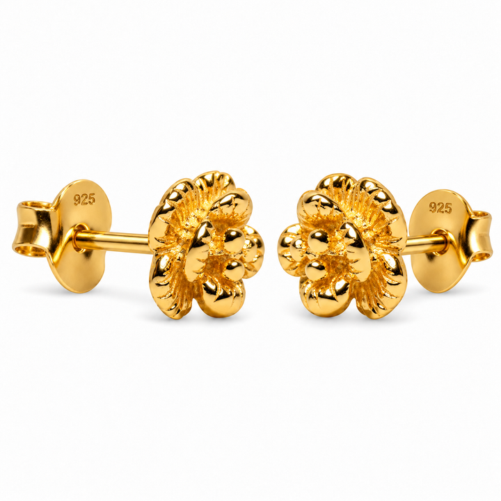 18K Yellow Gold Over Sterling Silver Blooming Flower Stud Earrings – 0.25 Inch Detailed Floral Earrings with Push-Back Closures