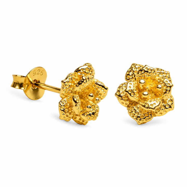 18K Yellow Gold Over Sterling Silver Blooming Flower Stud Earrings – 0.35 Inch Detailed Textured Floral Earrings with Push-Back Closures