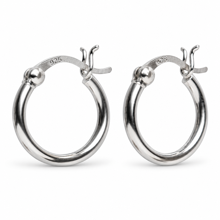 Classic Rhodium-Plated Sterling Silver Hoop Earrings – Polished Everyday Hoops with Traditional Closure – 0.60 x 0.55 Inch