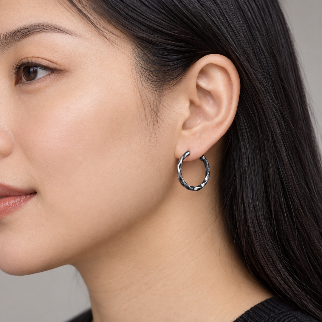 Oxidized Sterling Silver Hoop Earrings with Endless Wire Closure – 0.80 Inch