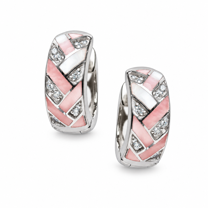 Pink Mother of Pearl Woven Huggie Hoop Earrings in Rhodium-Plated Sterling Silver with Diamond Simulants