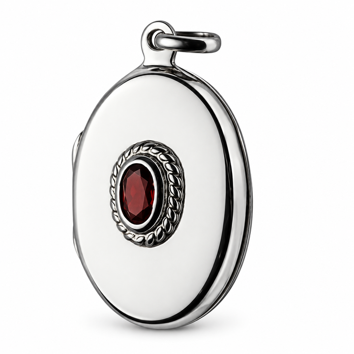 Sterling Silver Etched Oval Garnet Locket Pendant – 1 1/4 Inch Vintage-Inspired Keepsake Locket with 5 x 3.5 mm Garnet Stone