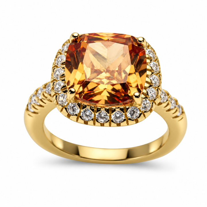 6.5 CTW Orange Cushion-Cut Cubic Zirconia Halo Ring in 14K Gold-Plated Sterling Silver