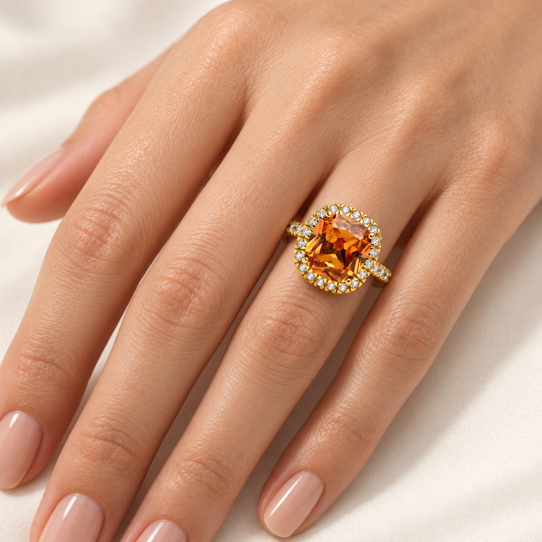 6.5 CTW Orange Cushion-Cut Cubic Zirconia Halo Ring in 14K Gold-Plated Sterling Silver