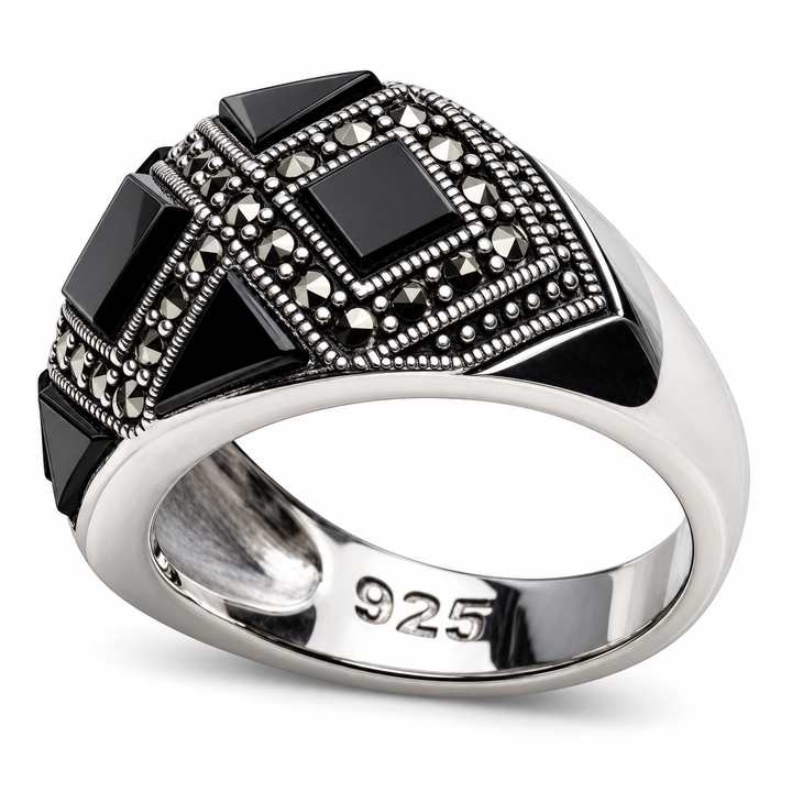 Art Deco Black Onyx and Marcasite Ring in Rhodium-Plated Sterling Silver