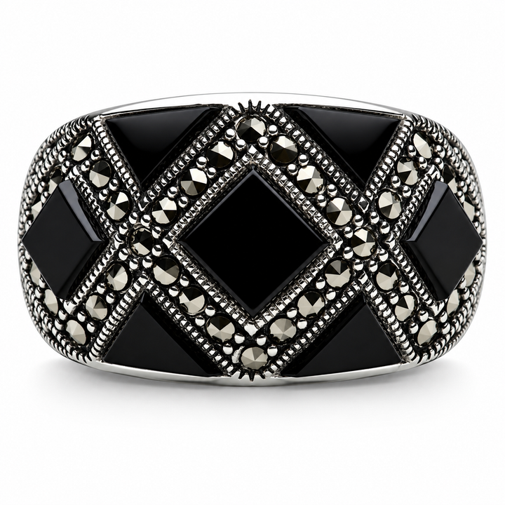 Art Deco Black Onyx and Marcasite Ring in Rhodium-Plated Sterling Silver