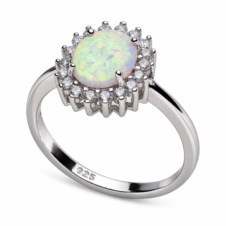 Created White Opal & CZ Halo Ring in Rhodium-Plated Sterling Silver