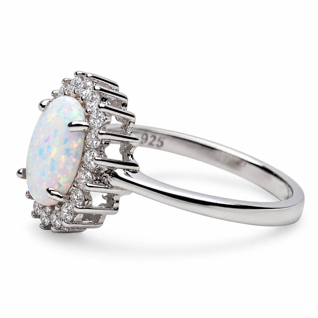 Created White Opal & CZ Halo Ring in Rhodium-Plated Sterling Silver