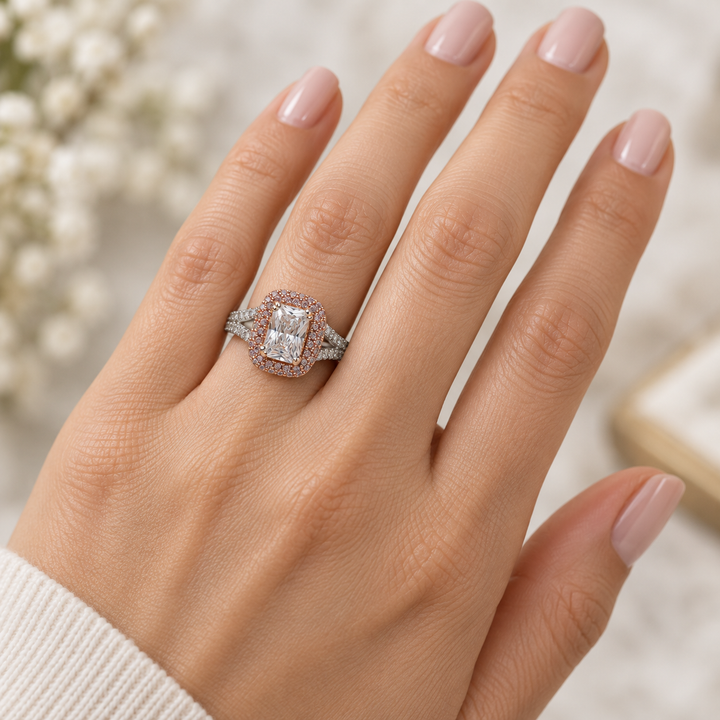 1.06 Carat Emerald-Cut Pink and Clear CZ Ring in Rose Gold-Plated Sterling Silver