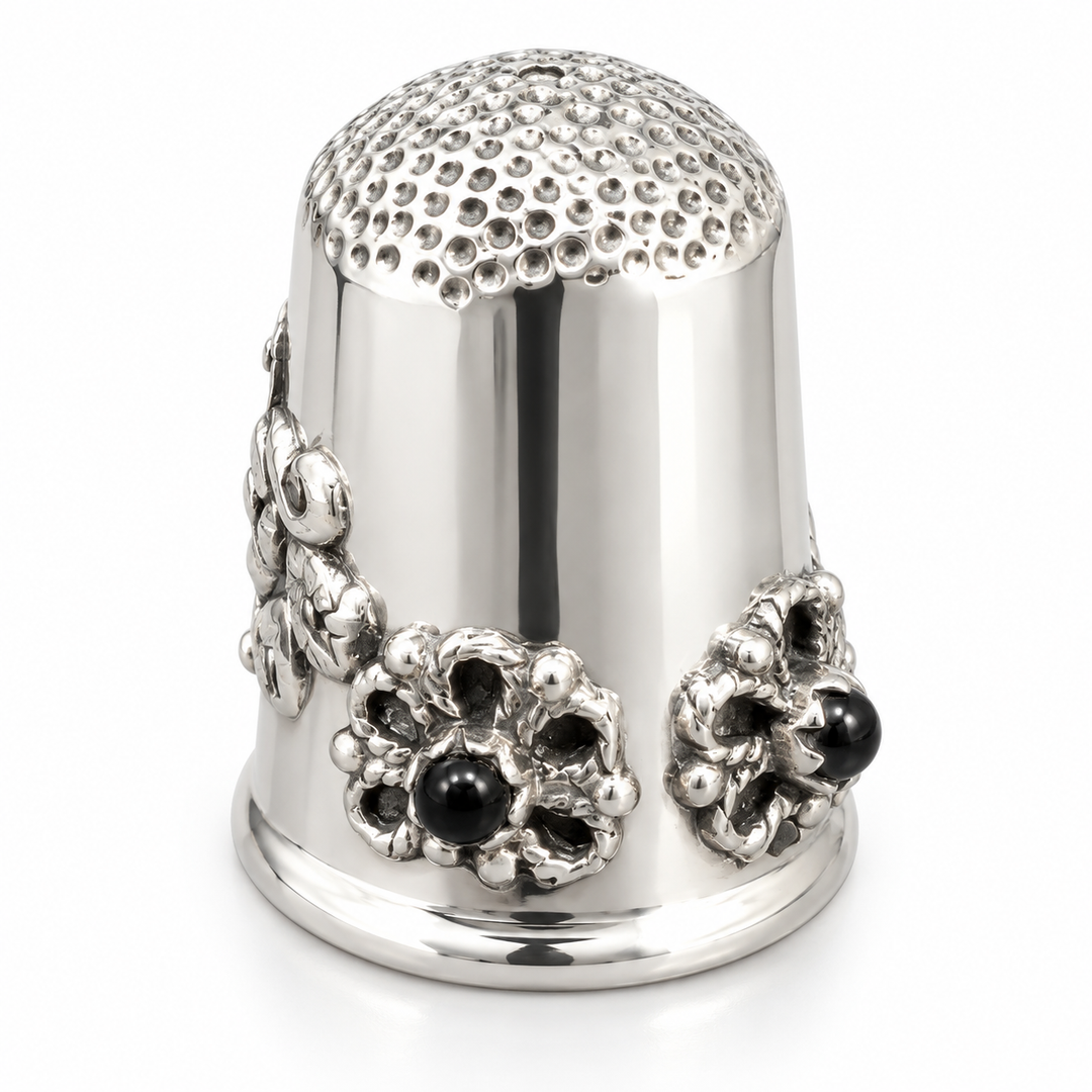 Sterling Silver Floral Thimble with 3 Black Onyx Stones – 0.9 Inch, 0.4 Troy Oz