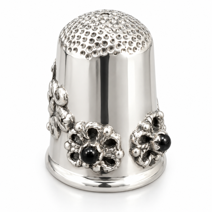 Sterling Silver Floral Thimble with 3 Black Onyx Stones – 0.9 Inch, 0.4 Troy Oz