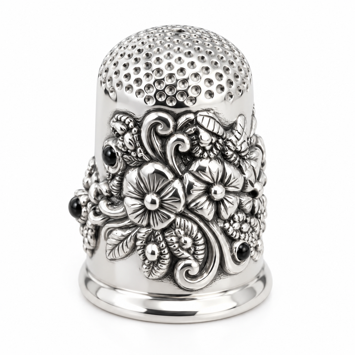 Sterling Silver Floral Thimble with 3 Black Onyx Stones – 0.9 Inch, 0.4 Troy Oz