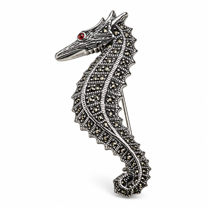 Sterling Silver Marcasite Seahorse Brooch with Garnet Eye – 2.2 Inch Ocean Pin