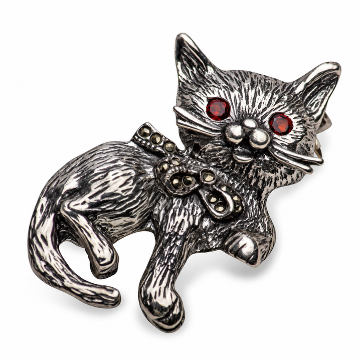 Sterling Silver Cat Brooch with Red Eyes and Marcasite Bow – 1.35 Inch