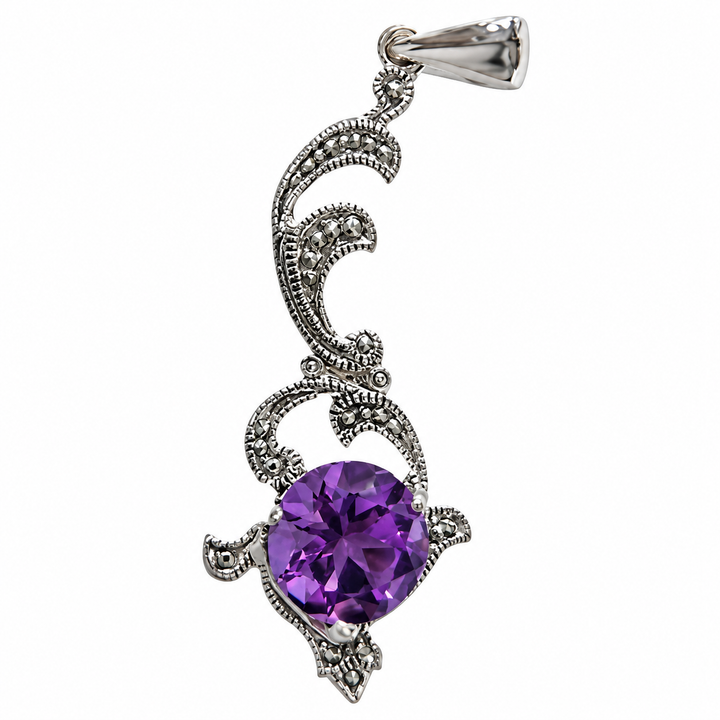 Sterling Silver Amethyst and Marcasite Scroll Pendant – 1.35 Inch