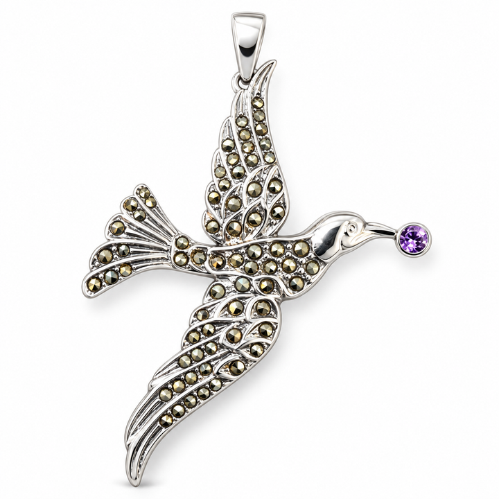 Sterling Silver Flying Bird Pendant with Marcasite and Amethyst in Beak – 1.8 Inches