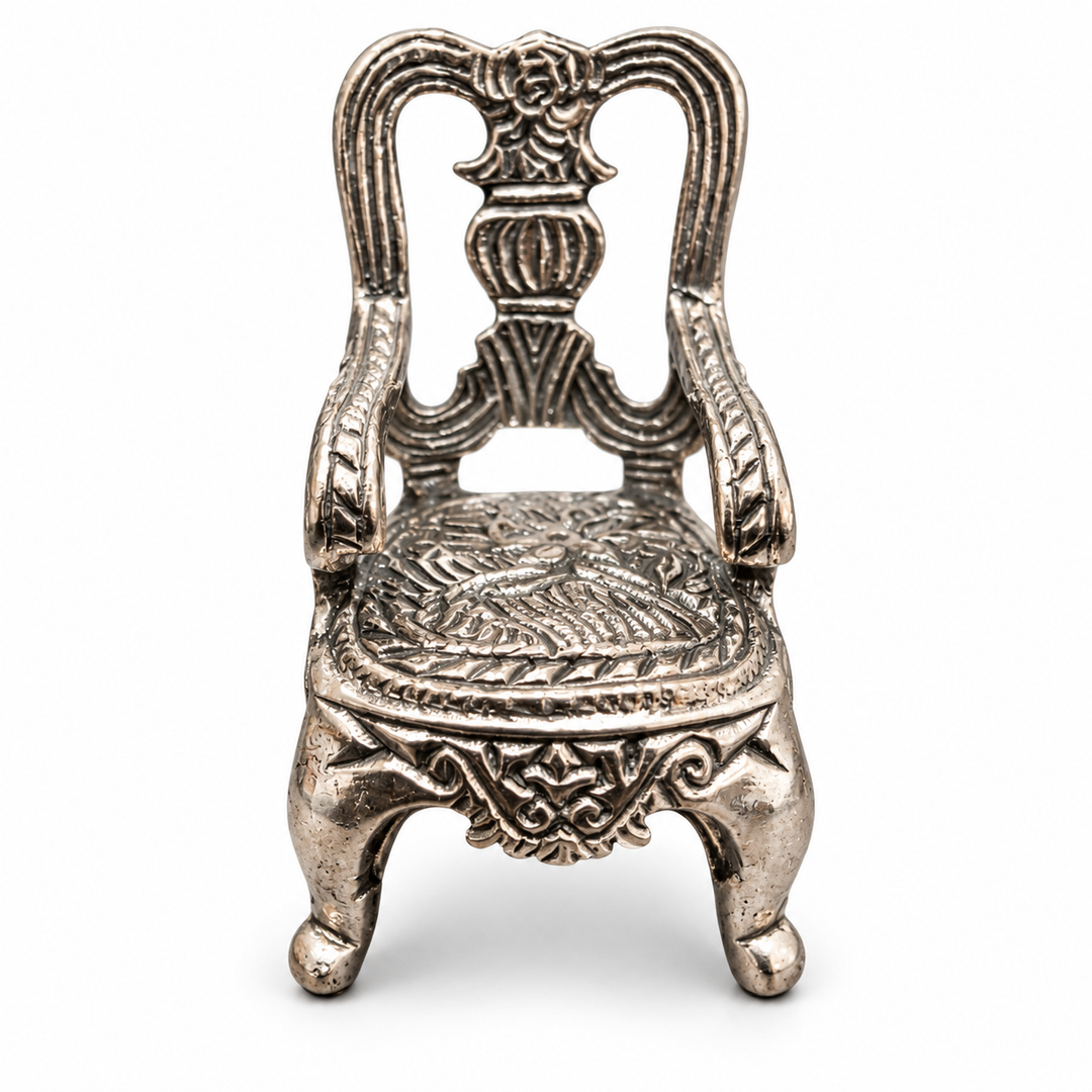 Ornate Miniature Silver Chair Figurine with Curved Arms – 1.3 Inches Tall