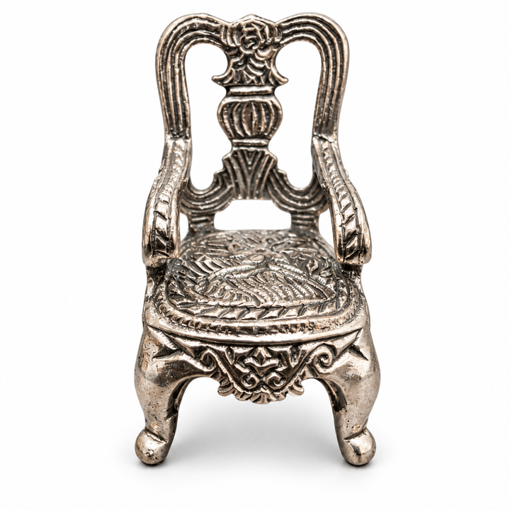 Ornate Miniature Silver Chair Figurine with Curved Arms – 1.3 Inches Tall