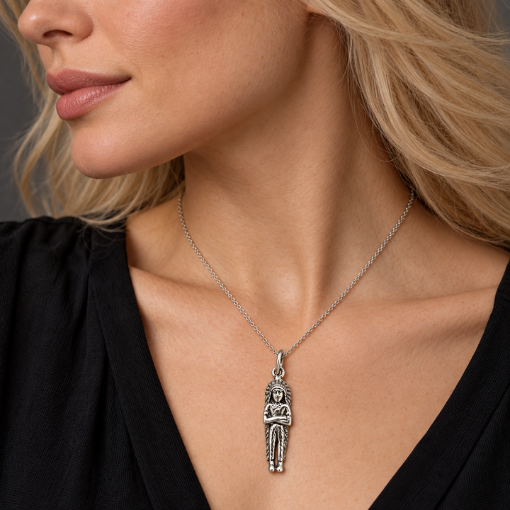 Sterling Silver Native American Woman Pendant with Feather Headdress – 1.3 Inch