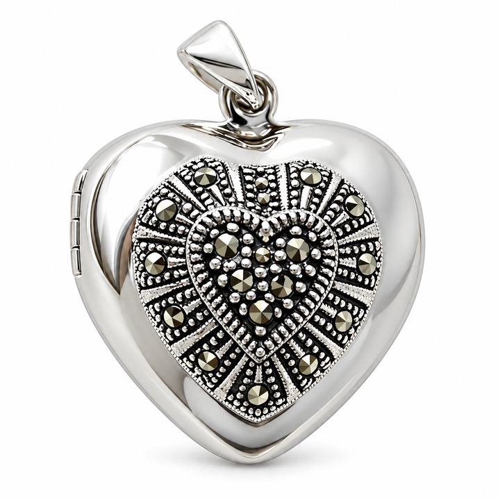 Sterling Silver Heart Locket Pendant with Marcasite Stones – 1 Inch