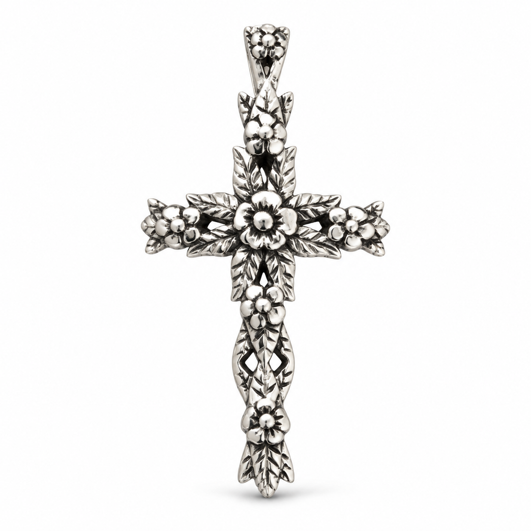 Sterling Silver Floral Cross Pendant with Hidden Bail – 1.4 Inch