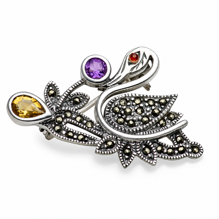 Sterling Silver Swan Brooch Marcasite Multicolor Gemstone Bird Pin 1.4 Inch