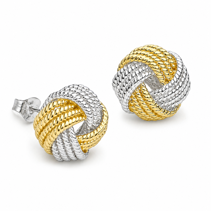 Two-Tone 14K Yellow Gold and Rhodium Over Sterling Silver Textured Love Knot Stud Earrings – 0.55 Inch
