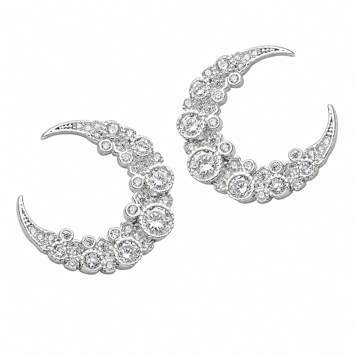 Crescent Moon Cubic Zirconia Stud Earrings in Rhodium-Plated 925 Sterling Silver – 76 Stones, 0.75 Inch