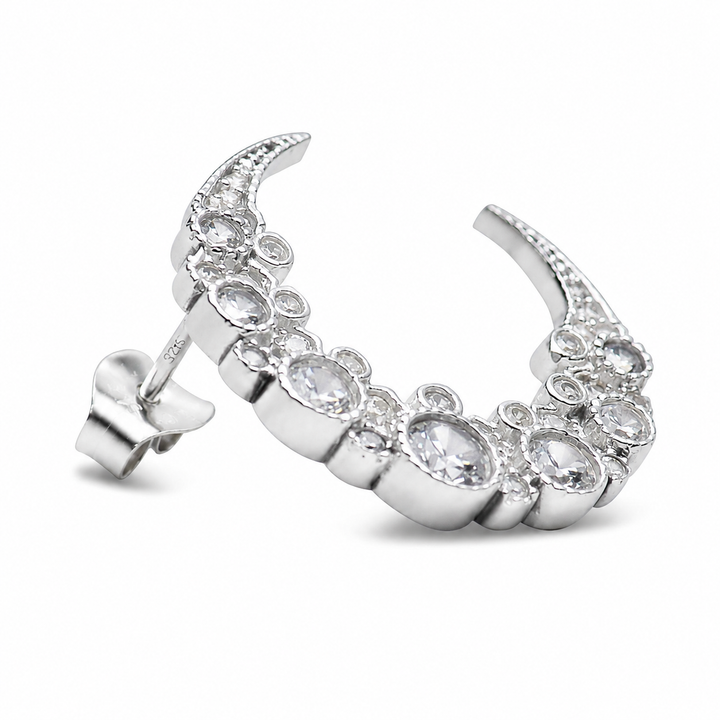 Crescent Moon Cubic Zirconia Stud Earrings in Rhodium-Plated 925 Sterling Silver – 76 Stones, 0.75 Inch