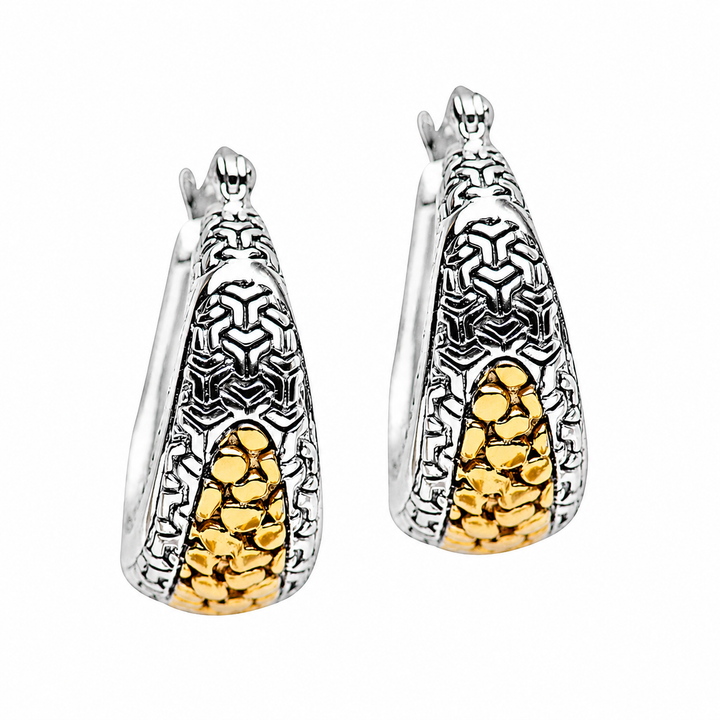 Two-Tone 14K Yellow Gold and Rhodium Over Sterling Silver Textured Hinged Hoop Earrings – 1 Inch