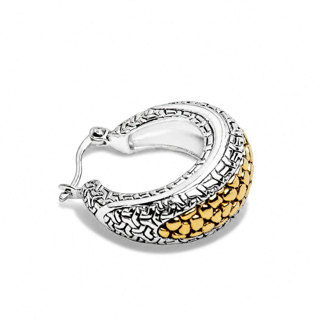 Two-Tone 14K Yellow Gold and Rhodium Over Sterling Silver Textured Hinged Hoop Earrings – 1 Inch