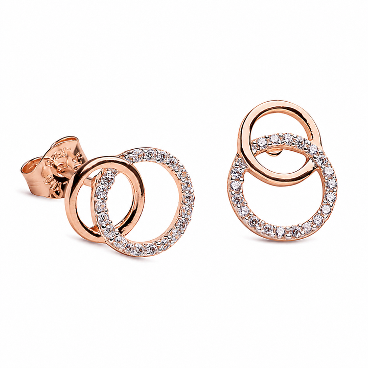 14K Rose Gold Over Sterling Silver Interlocking Circle Earrings with Clear Diamond Simulants – 0.5-Inch Drop