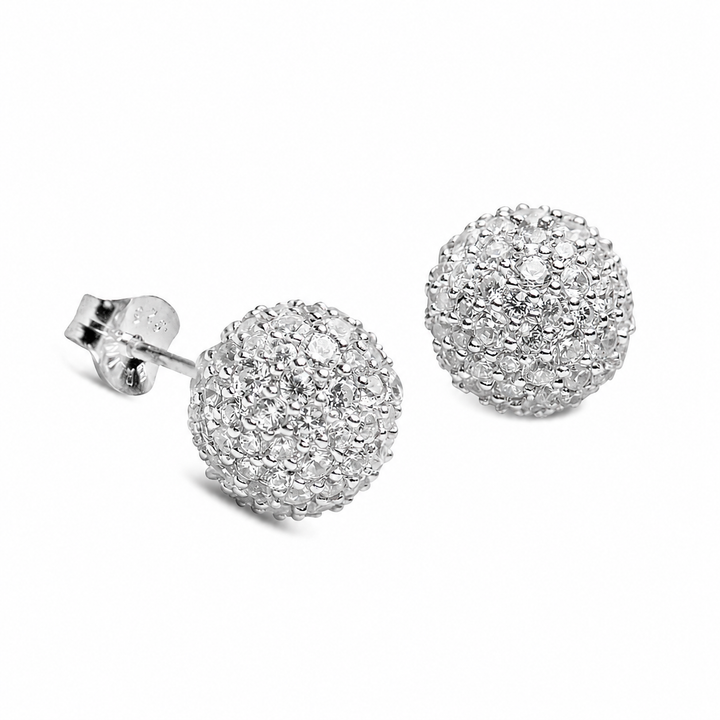 9.5mm Pavé Diamond Simulant Dome Stud Earrings in Rhodium-Plated Sterling Silver – Sparkling Round Cluster Earrings