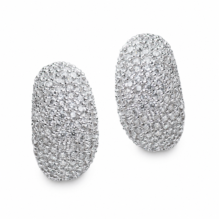1.75-Inch Pavé Diamond Simulant Crescent Earrings in Rhodium-Plated Sterling Silver – Sparkling Domed Statement Earrings