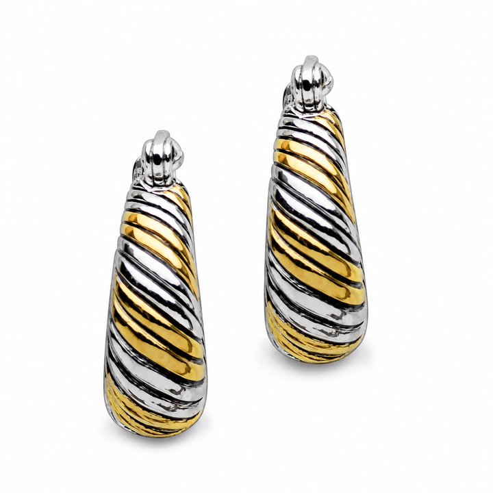 Two-Tone Twisted Hoop Earrings in 14K Yellow Gold and Rhodium Over Sterling Silver – 0.67-Inch Hinged Earrings