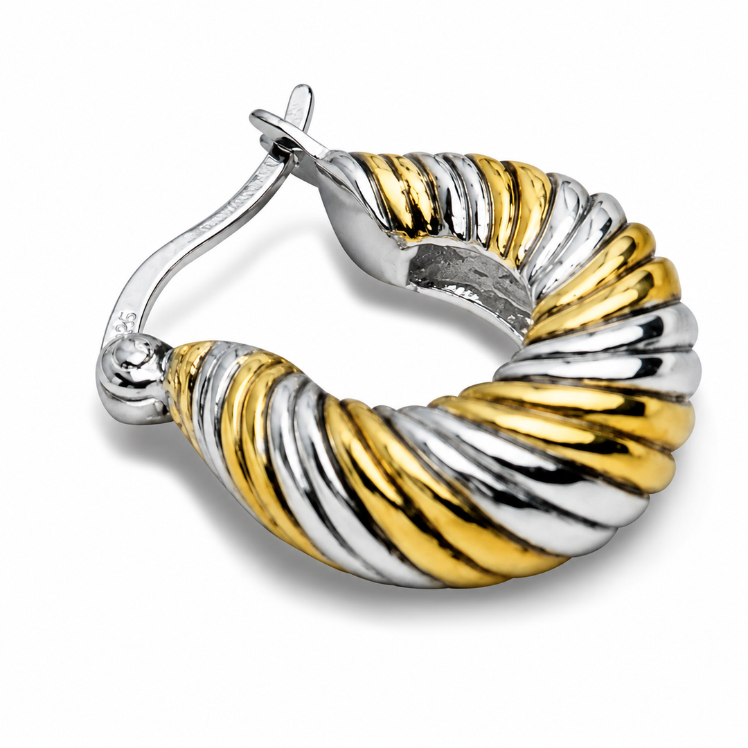 Two-Tone Twisted Hoop Earrings in 14K Yellow Gold and Rhodium Over Sterling Silver – 0.67-Inch Hinged Earrings