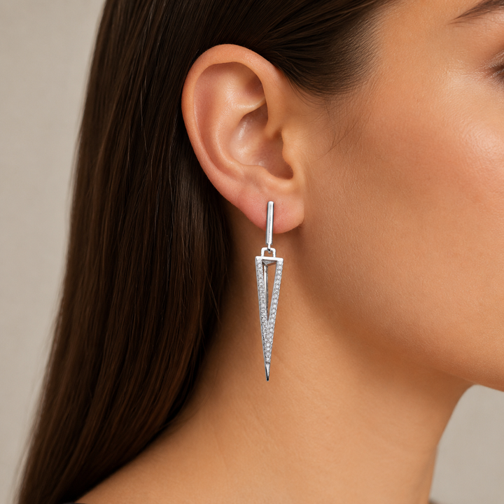 1.7 Inch Art Deco Pavé Diamond Simulant Linear Drop Earrings in Rhodium-Plated Sterling Silver