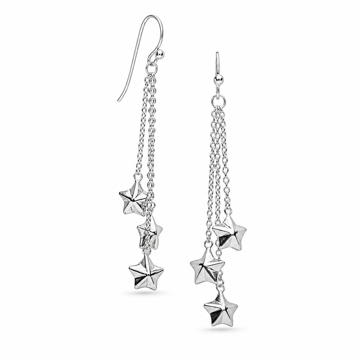 2.12 Inch Triple Star Chain Dangle Earrings in Rhodium-Plated Sterling Silver with Fishhook Closures