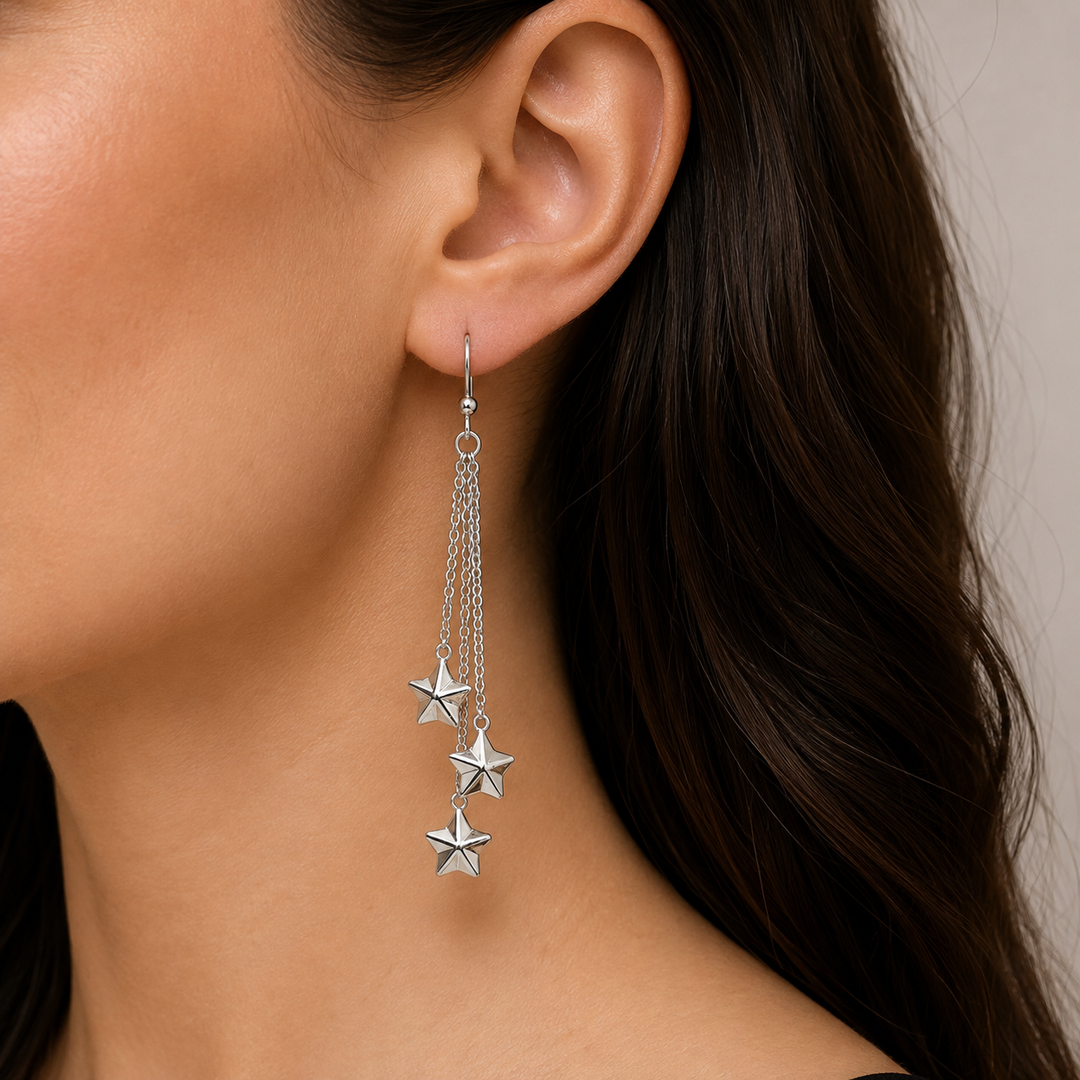 2.12 Inch Triple Star Chain Dangle Earrings in Rhodium-Plated Sterling Silver with Fishhook Closures