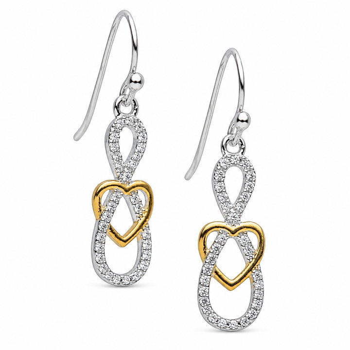 1.15 Inch Two-Tone Heart and Infinity Diamond Simulant Dangle Earrings in 14K Yellow Gold and Rhodium-Plated Sterling Silver