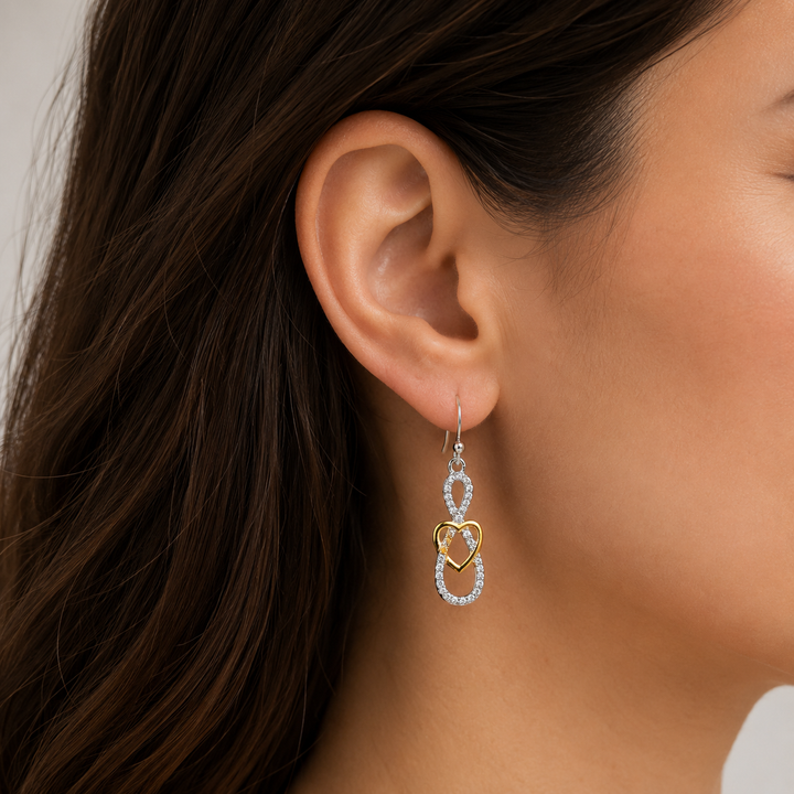 1.15 Inch Two-Tone Heart and Infinity Diamond Simulant Dangle Earrings in 14K Yellow Gold and Rhodium-Plated Sterling Silver