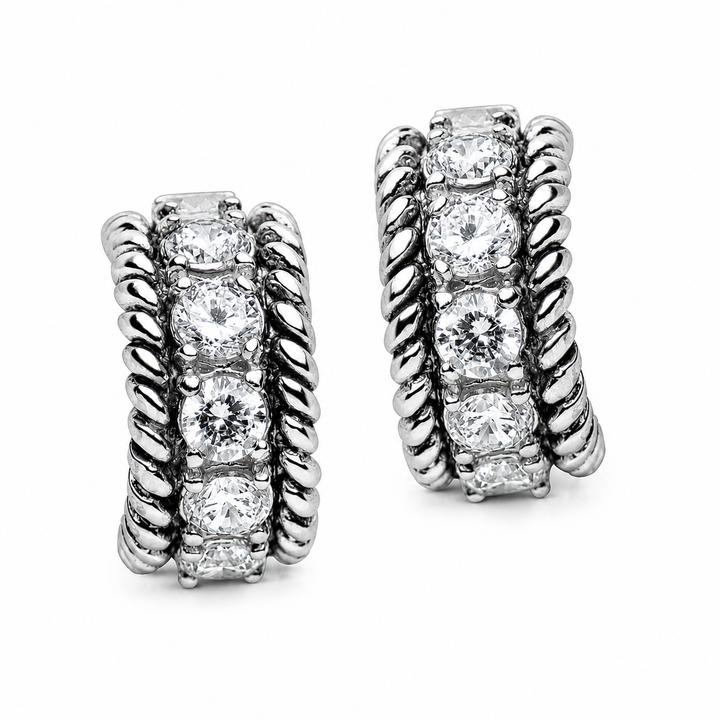 0.71 Inch Diamond Simulant Crescent Hoop Earrings in Rhodium-Plated Sterling Silver