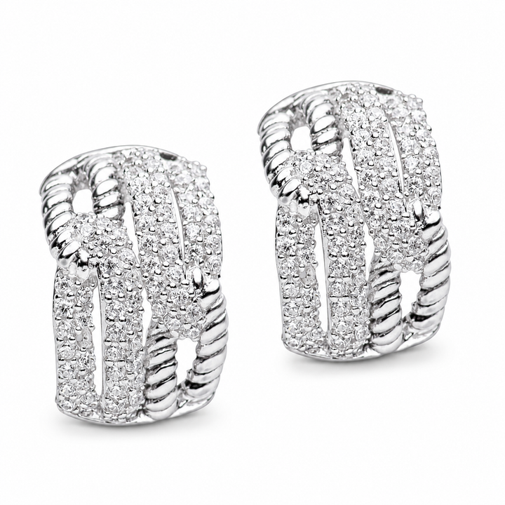 0.82 Inch Diamond Simulant Intertwined Hoop Earrings in Rhodium-Plated Sterling Silver