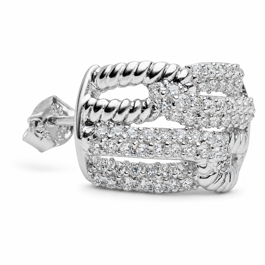 0.82 Inch Diamond Simulant Intertwined Hoop Earrings in Rhodium-Plated Sterling Silver