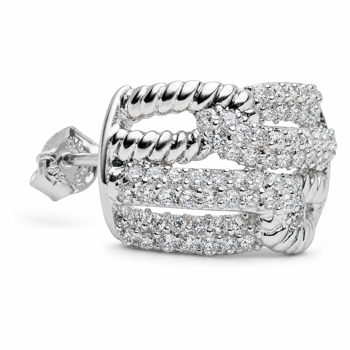 0.82 Inch Diamond Simulant Intertwined Hoop Earrings in Rhodium-Plated Sterling Silver