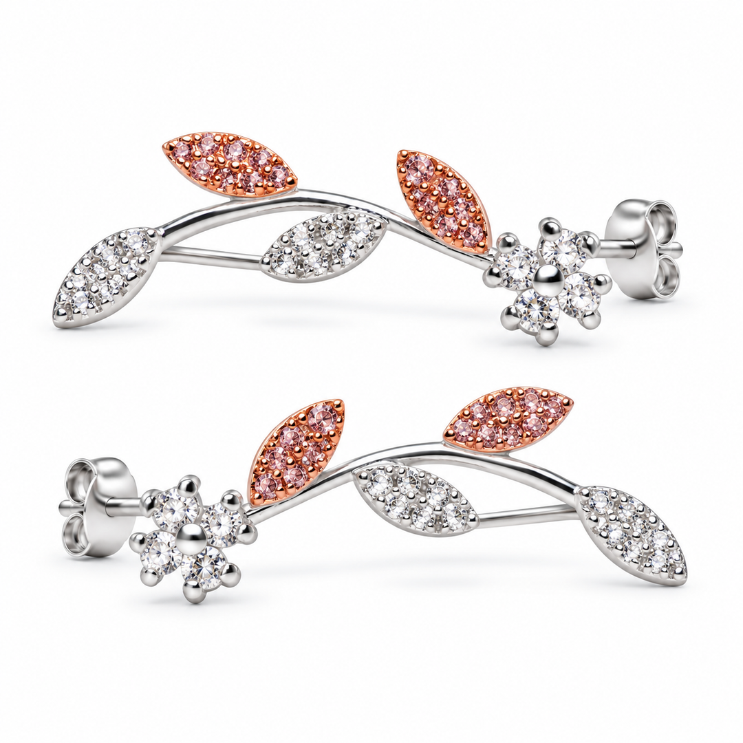 Two-Tone Floral Vine Diamond Simulant Drop Earrings in Sterling Silver and 14K Rose Gold