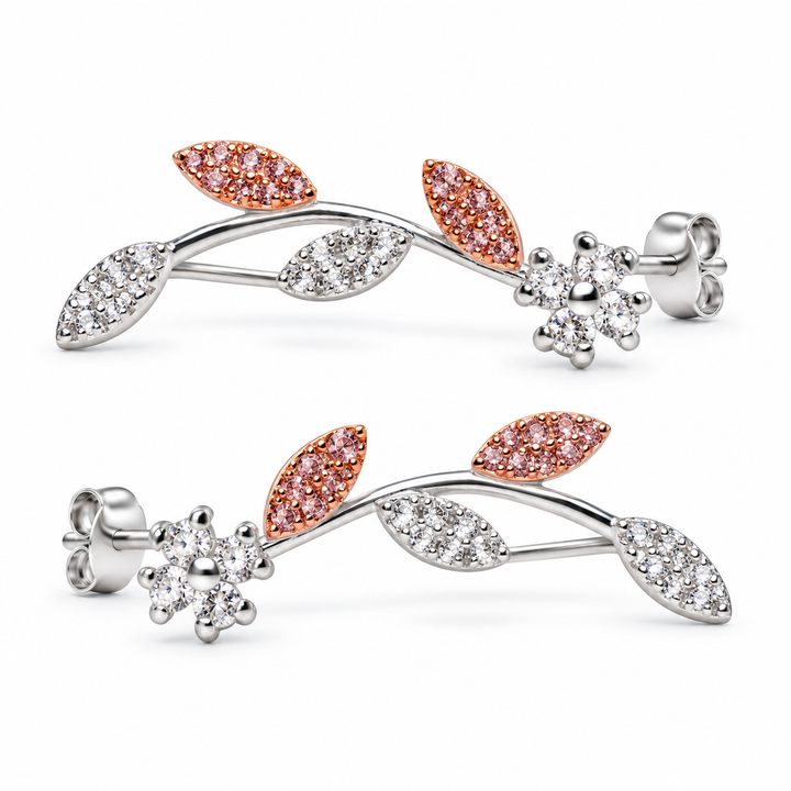 Two-Tone Floral Vine Diamond Simulant Drop Earrings in Sterling Silver and 14K Rose Gold