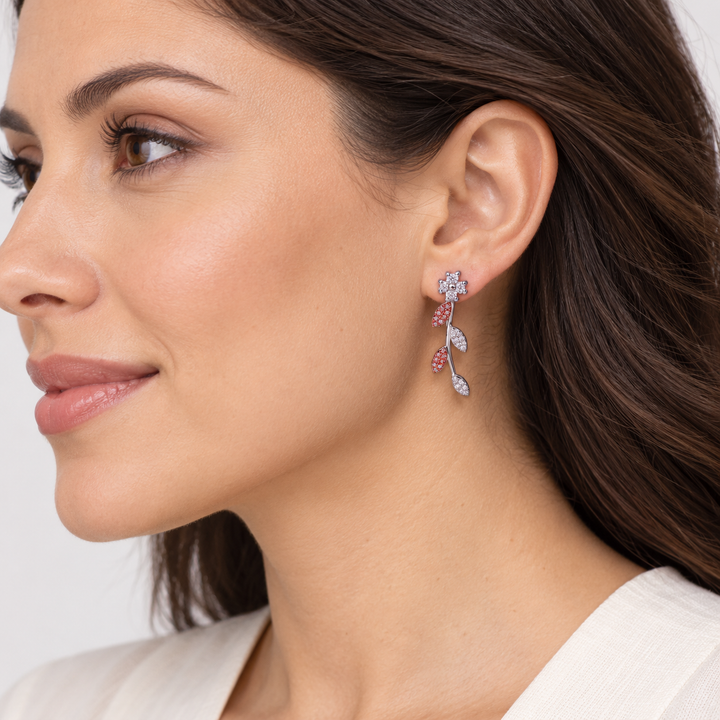 Two-Tone Floral Vine Diamond Simulant Drop Earrings in Sterling Silver and 14K Rose Gold