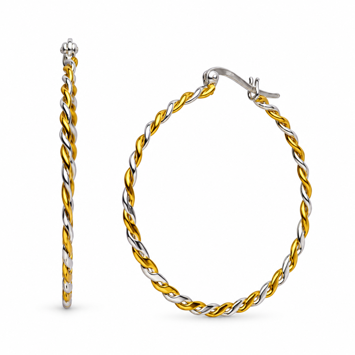 Large Two-Tone Twisted Hoop Earrings in Sterling Silver and 14K Yellow Gold